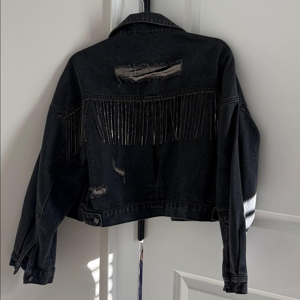 Blue B - Black Distressed Denim Jacket with Fringe